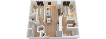 A 3D rendered image of a modern apartment layout.