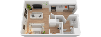 A 3D floor plan of a modern apartment with a living room, kitchen, and bedroom.