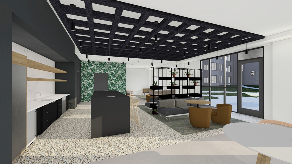 A modern office space with a black ceiling and a patterned carpet.