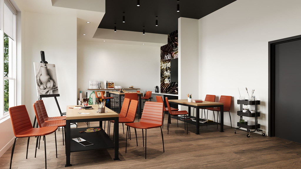 A modern dining room with a table and chairs.