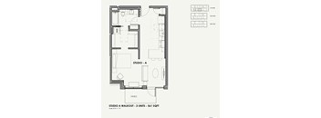 A black and white drawing of a studio apartment layout.