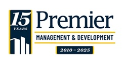 A logo for Premier Management & Development celebrating 15 years from 2010 to 2025.