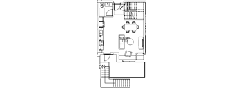 A floor plan of a room with a kitchen area, a living room, and a bathroom.