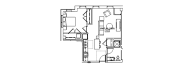 A floor plan of a unit shows a living room, a kitchen, and a bathroom.