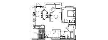 A floor plan of a house with a kitchen, living room, and dining area.