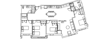 A floor plan of a residential unit with a living room, kitchen, and bedrooms.