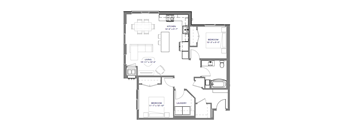A floor plan of a house with a kitchen, living room, two bedrooms, and a laundry room.