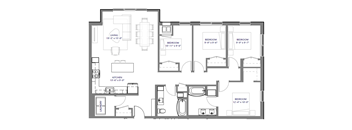 A black and white image of a floor plan for a house with a living room, kitchen, and four bedrooms.