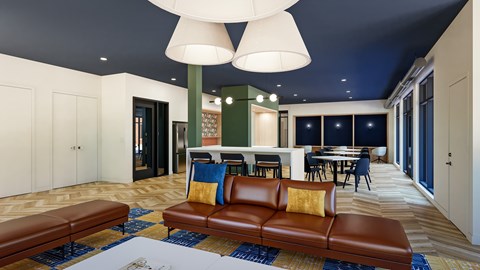 A brown leather couch with a yellow pillow is in the middle of a room with a blue rug.