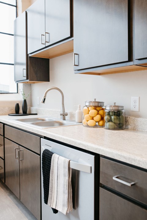 A kitchen with a white sink and black cabinets.