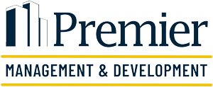A logo for Premier Management & Development featuring blue and yellow text and a graphic of a building.