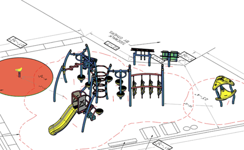 A playground with a yellow slide and a red circle.