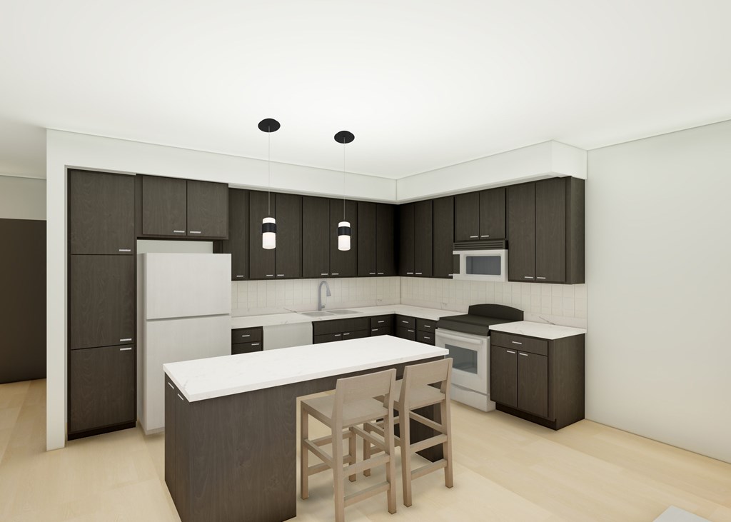 A modern kitchen with a white island and dark brown cabinets.