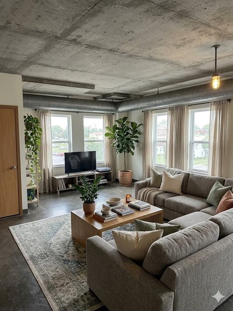 A living room with a grey couch and a coffee table.