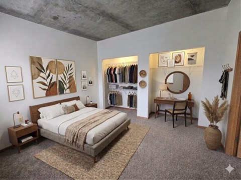 A bedroom with a large bed and a clothing rack.