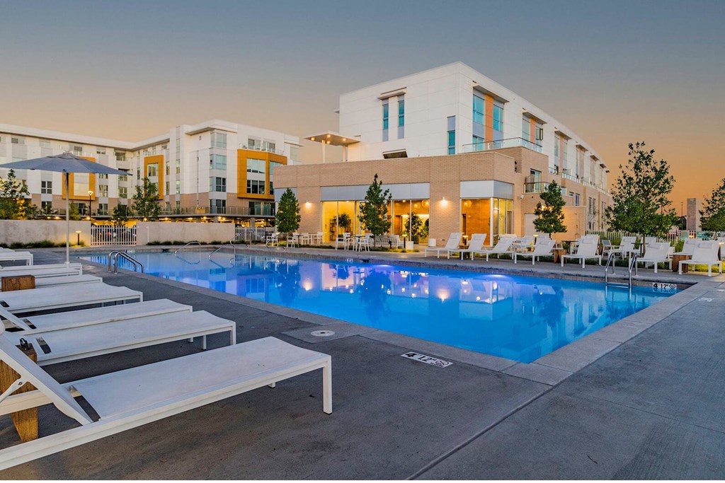 Sparkling pool and sundeck at Crystal Flats in Bentonville, AR