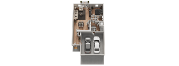 A floor plan of a house with two cars parked in the garage.