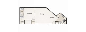 A floor plan of a small apartment with a bedroom, living room, and kitchen.