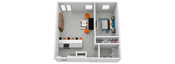 A white model of a house with a kitchen and living room.