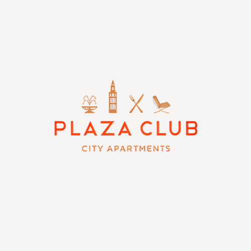 A logo for Plaza Club city apartments featuring a building, a bird, and a chair.