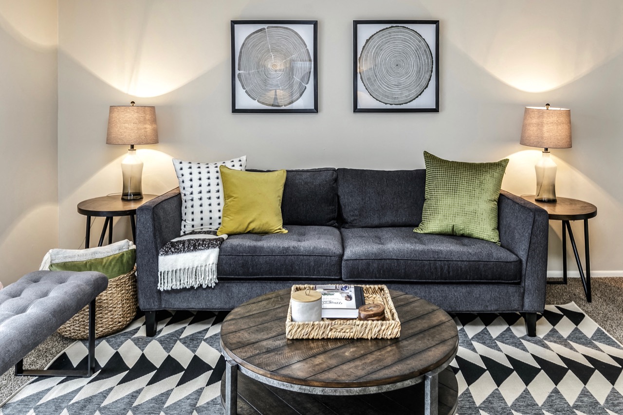 a living room with a couch and a coffee table