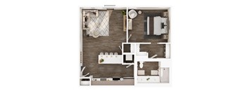 A top-down view of a modern apartment layout with a kitchen, living room, dining area, and bathroom.