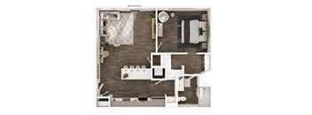 A top-down view of a modern apartment layout with a kitchen, living room, and bedroom.