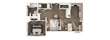 A top-down view of a modern apartment layout with a kitchen, living room, and bathroom.