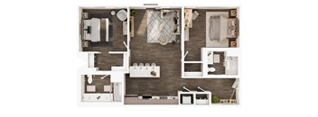 A top-down view of a well-organized apartment with a kitchen, living room, and bathroom.