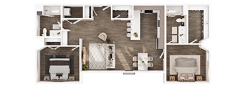 A floor plan of a house with a living room, kitchen, dining room, and bathroom.