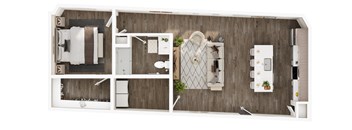 A floor plan of a house with a kitchen, living room, and two bathrooms.