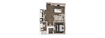 A small room with a bed, desk, and shelves.