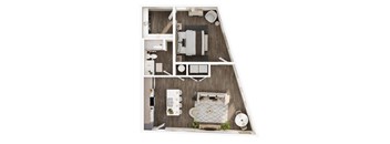 A top-down view of a small, neatly organized apartment with a kitchen, living room, and bathroom.