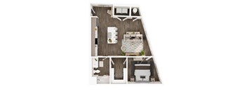 A top-down view of a small, neatly organized apartment with a kitchen, living room, and bathroom.