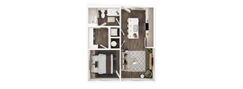 A top-down view of a small, neatly organized apartment with a kitchen, living room, and bathroom.