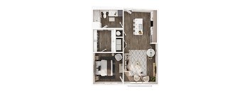A top-down view of a small apartment with a kitchen, living room, and bathroom.
