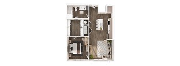 A top-down view of a small apartment layout with a kitchen, living room, and bathroom.