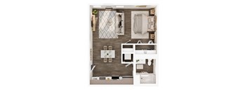 A top-down view of a modern bathroom with a shower, sink, and toilet.