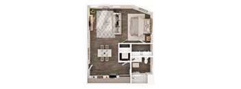 A top-down view of a modern bathroom with a large mirror, a sink, a toilet, and a bathtub.