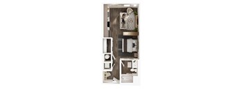 A top-down view of a modern bathroom with a toilet, sink, and mirror.