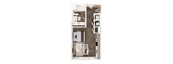Studio Apartment A top-down view of a small apartment with a kitchen, living room, and bathroom.
