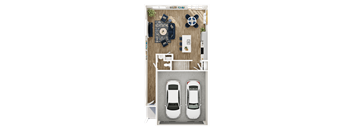 A top-down view of a small apartment with a kitchen, dining area, and two parking spaces for cars.