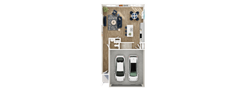 A top-down view of a small apartment with a kitchen, living room, and two parking spaces for cars.