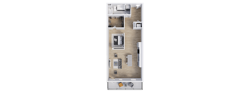 A top-down view of a modern apartment layout.