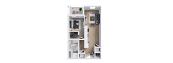 A top-down view of a small apartment with a kitchen, living room, and bedroom.