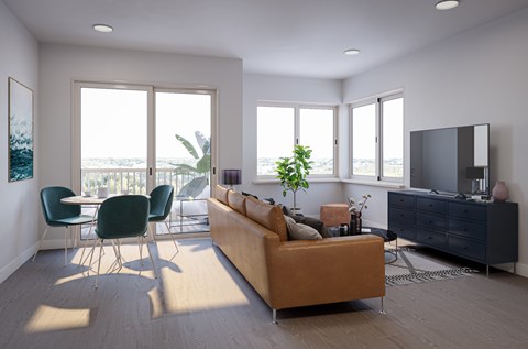 A living room with a brown sofa, a blue chair, and a television.