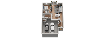 A top-down view of a house layout with a living room, kitchen, and two bedrooms.