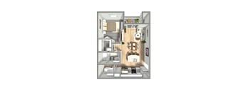 A 3D floor plan of a small apartment with a kitchen, living room, and bedroom.