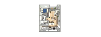 A 3D floor plan of a small apartment with a kitchen, living room, and bathroom.