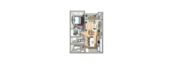 A 3D floor plan of a small apartment with a kitchen, living room, and bedroom.